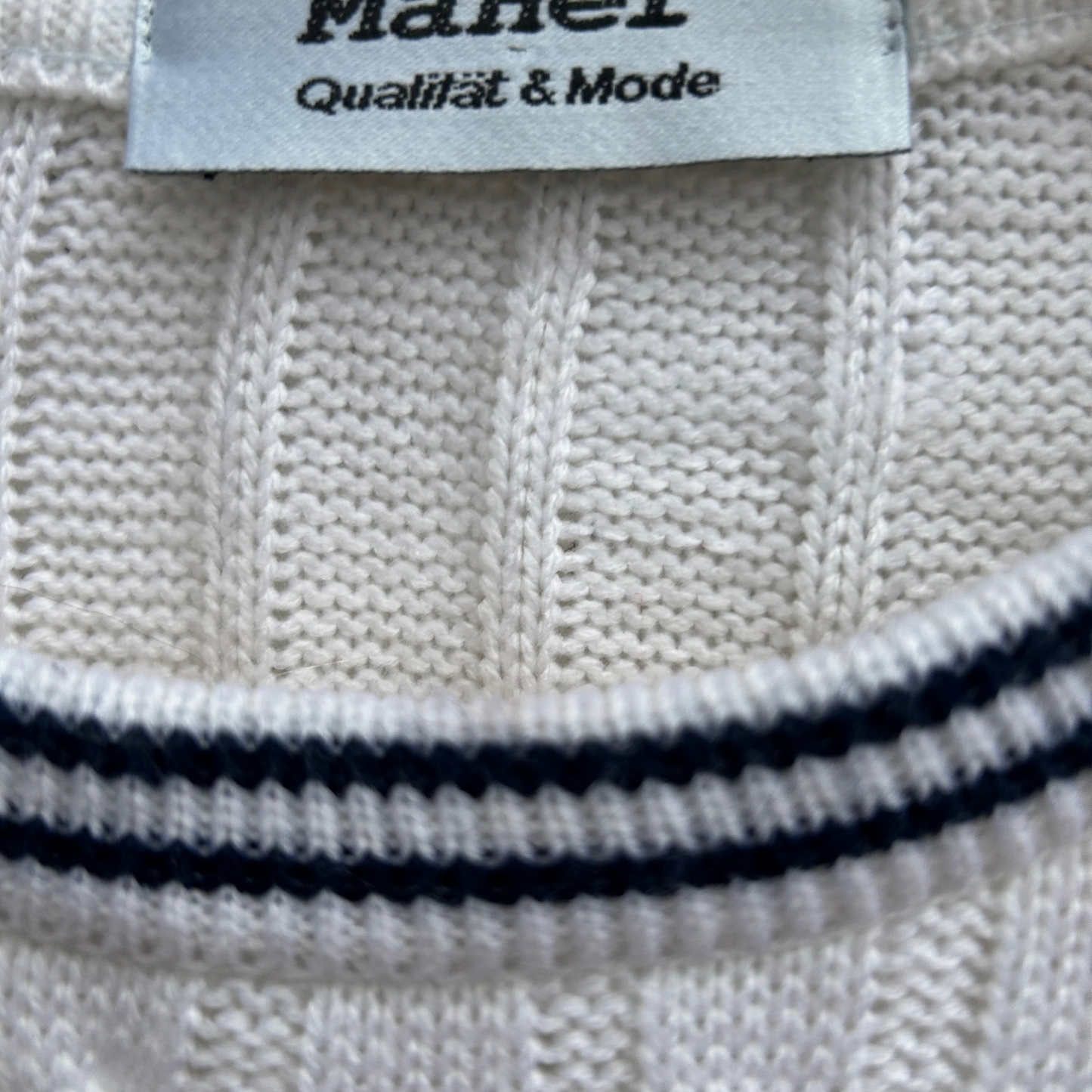 Pullover Herren Gr XL MaHel Weiß Marine Zopfmuster Strick kurz geschnitten klassisch