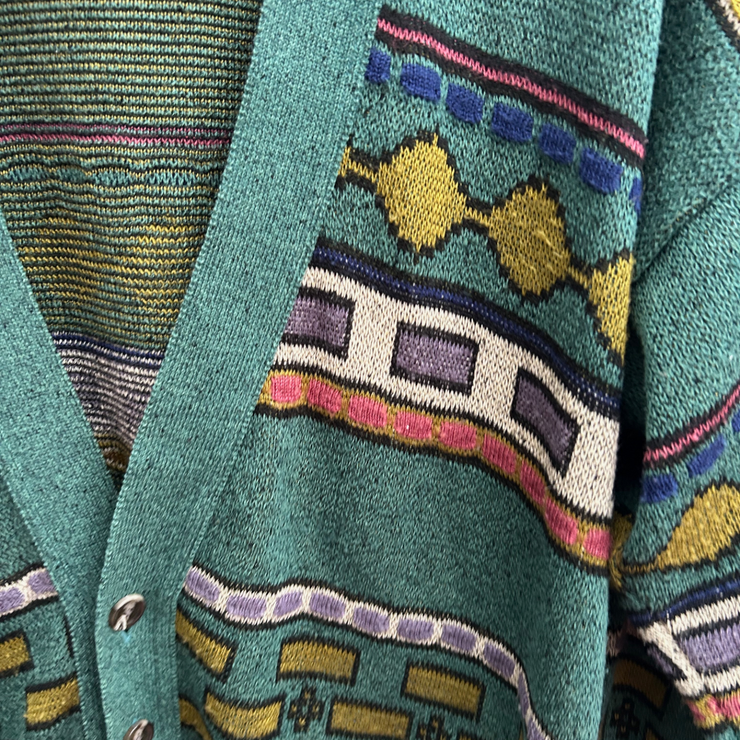 Avanti Strickjacke Herren Gr 52 L Grün Bunt Vintage 80er Retro Muster Baumwolle Mix