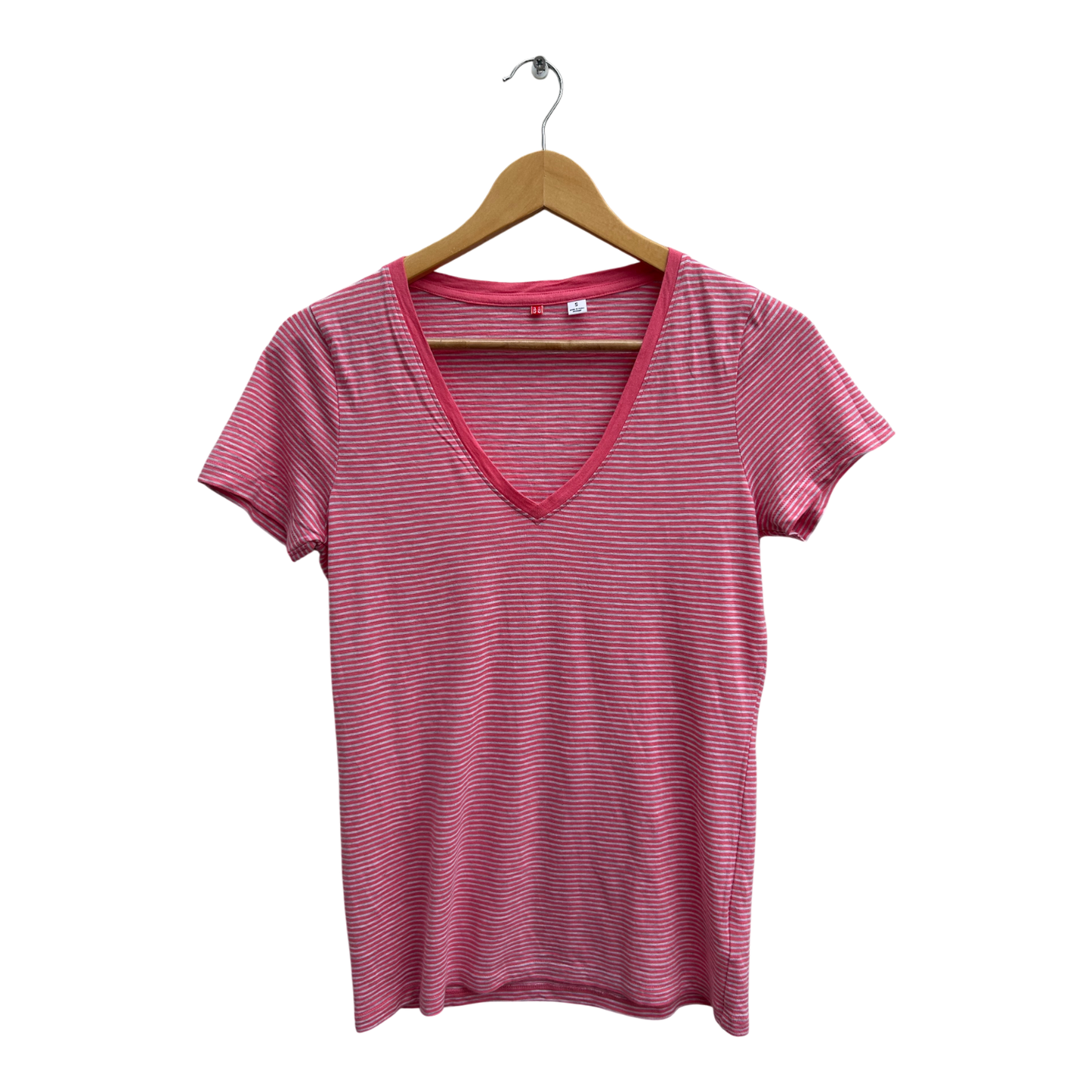 Uniqlo Shirt Damen Gr S Rosa Gestreift Viskose Baumwolle Kurzarm V-Ausschnitt