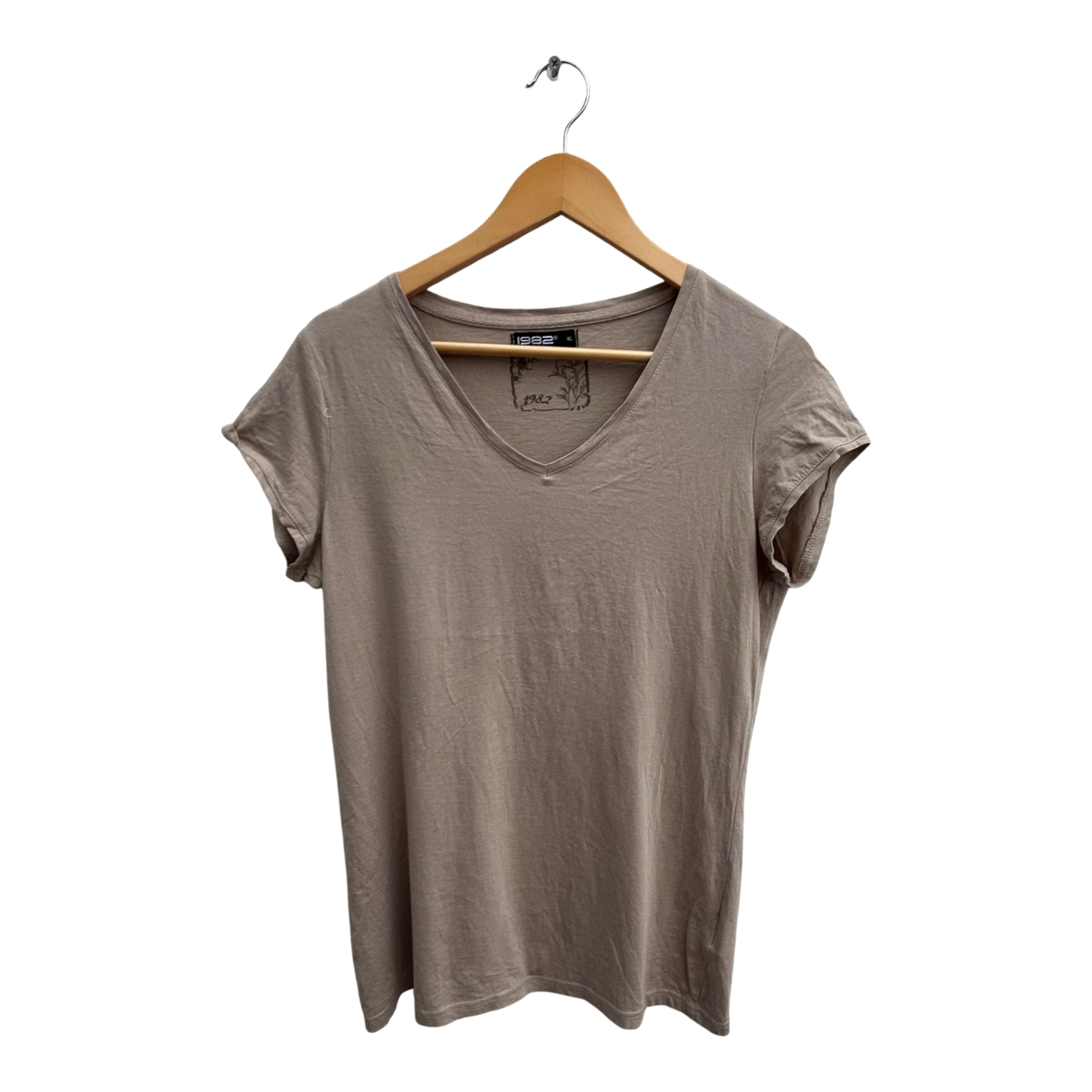 1982 Shirt Damen Gr XL Beige Baumwolle Kurzarm V-Ausschnitt Basic Casual