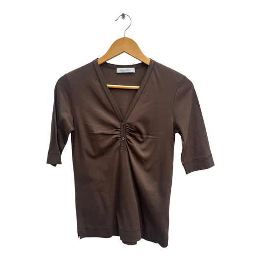 Rene Lezard Shirt Damen Gr S Braun Baumwolle Kurzarm V-Ausschnitt Elegant Chic