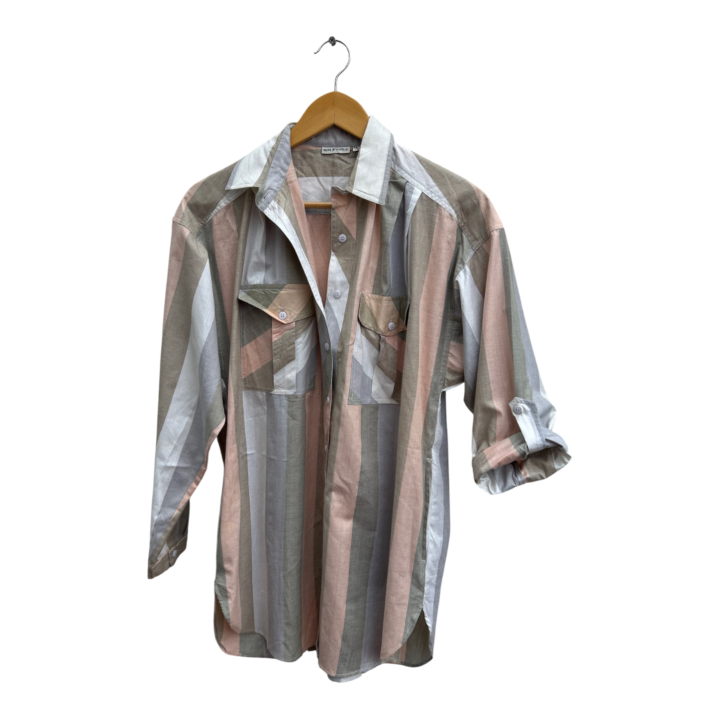 Vintage Bluse Damen Gr 36 Gestreift Langarm 100% Baumwolle Krempelärmel Mehrfarbig