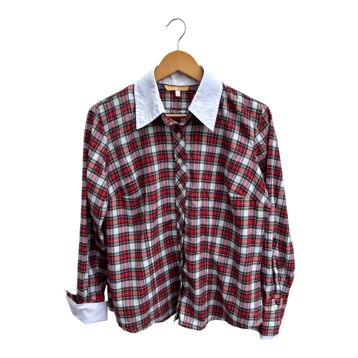 Biba Bluse Damen Gr 40 Kariert 100% Baumwolle Abnehmbarer Kragen Schal Rot Weiß