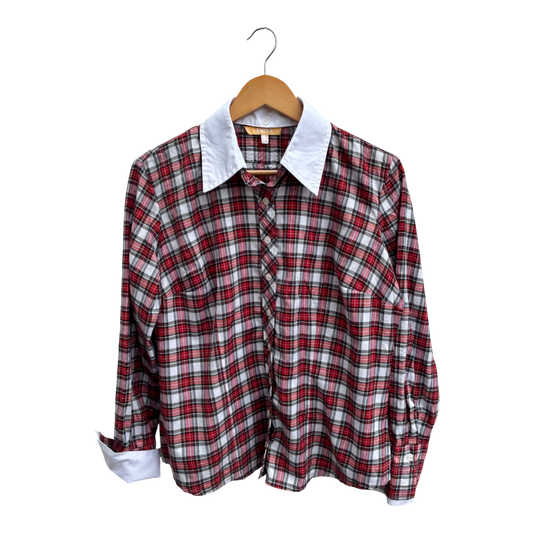 Biba Bluse Damen Gr 40 Kariert 100% Baumwolle Abnehmbarer Kragen Schal Rot Weiß