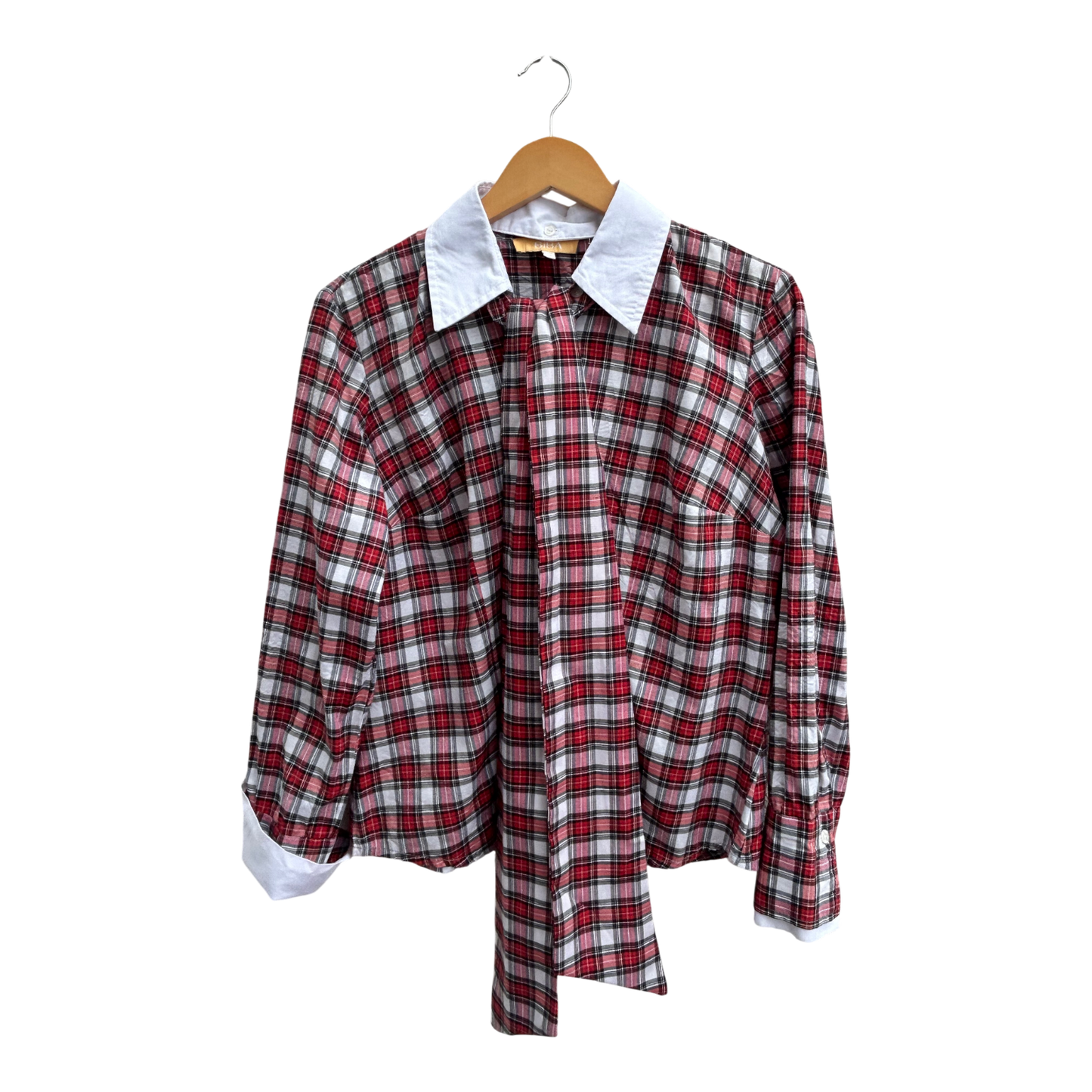 Biba Bluse Damen Gr 40 Kariert 100% Baumwolle Abnehmbarer Kragen Schal Rot Weiß