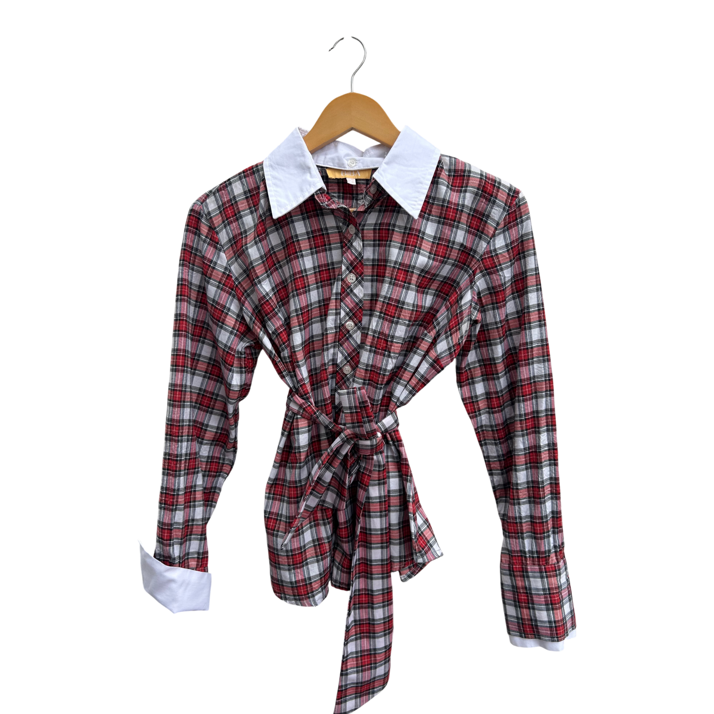 Biba Bluse Damen Gr 40 Kariert 100% Baumwolle Abnehmbarer Kragen Schal Rot Weiß