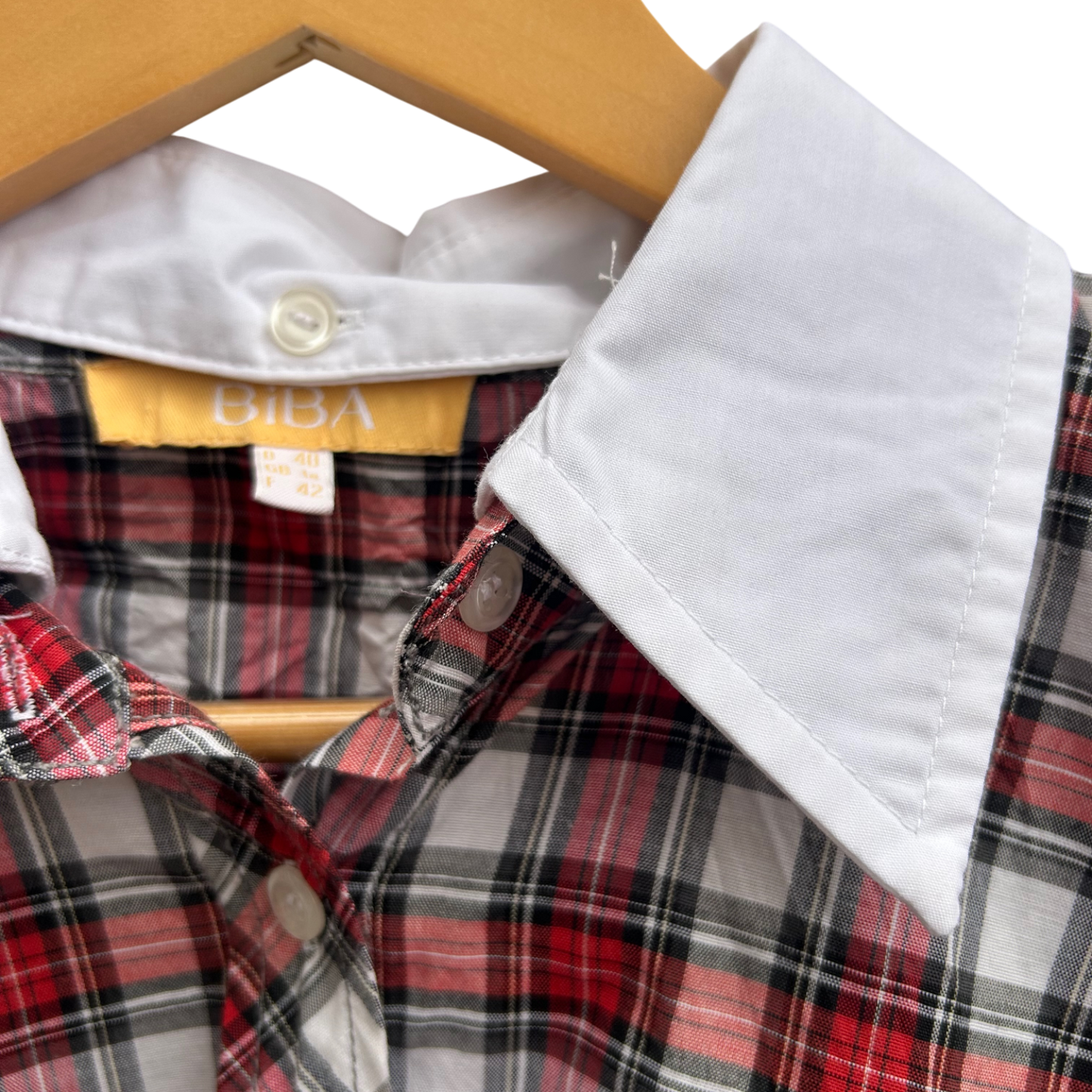 Biba Bluse Damen Gr 40 Kariert 100% Baumwolle Abnehmbarer Kragen Schal Rot Weiß