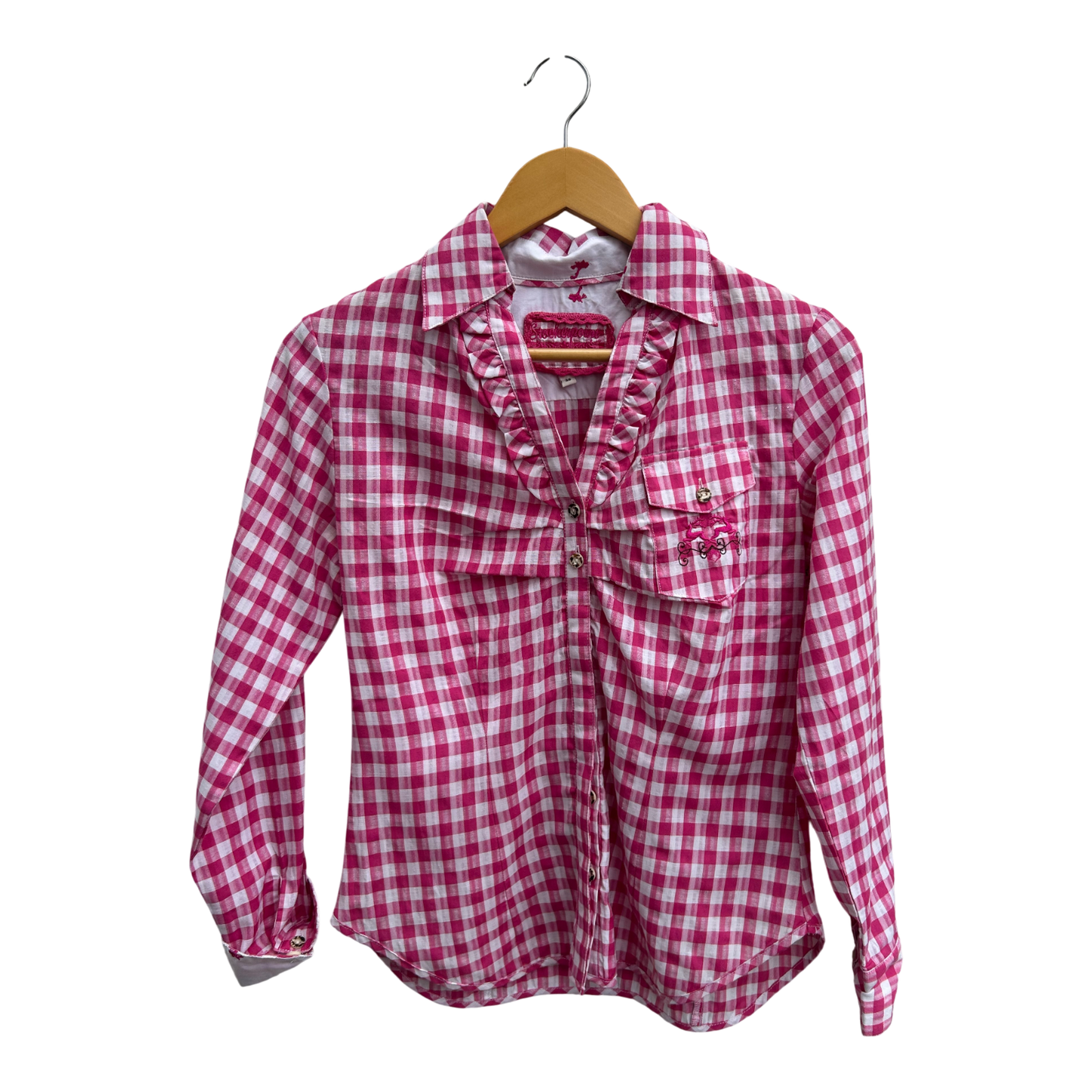 Stockerpoint Bluse Damen Gr 36 Karo Pink Weiß Baumwolle Rüschen Trachtenstil