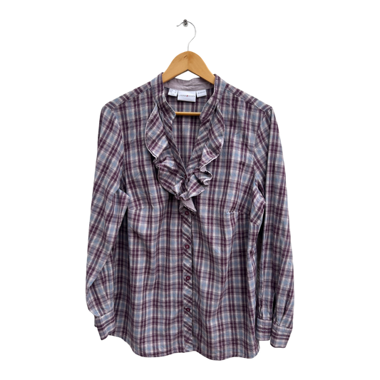 Laura Kent Bluse Damen Gr 46 Kariert 100% Baumwolle Langarm Lila Blau Rüschen
