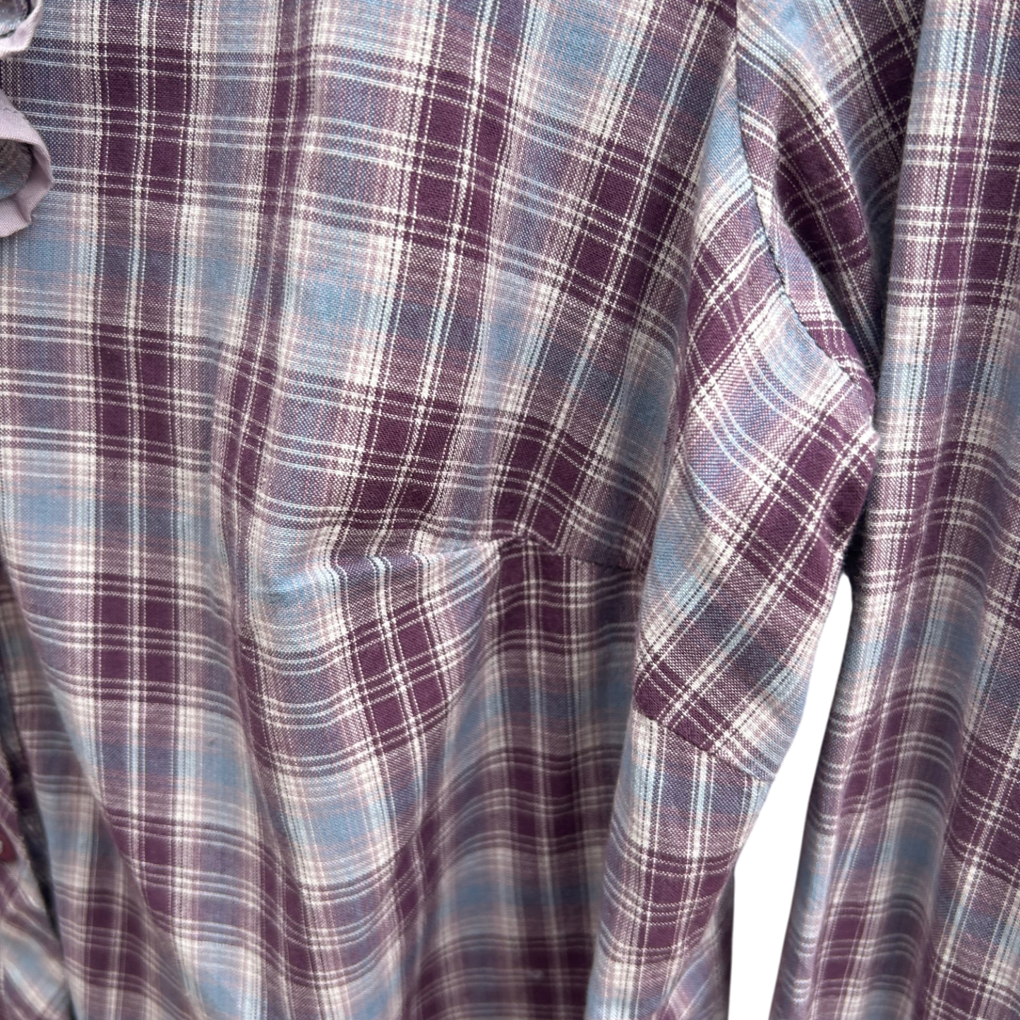 Laura Kent Bluse Damen Gr 46 Kariert 100% Baumwolle Langarm Lila Blau Rüschen