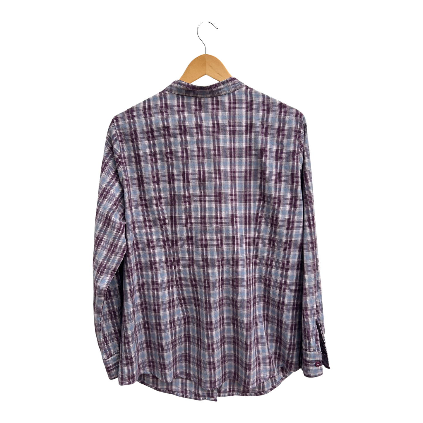 Laura Kent Bluse Damen Gr 46 Kariert 100% Baumwolle Langarm Lila Blau Rüschen