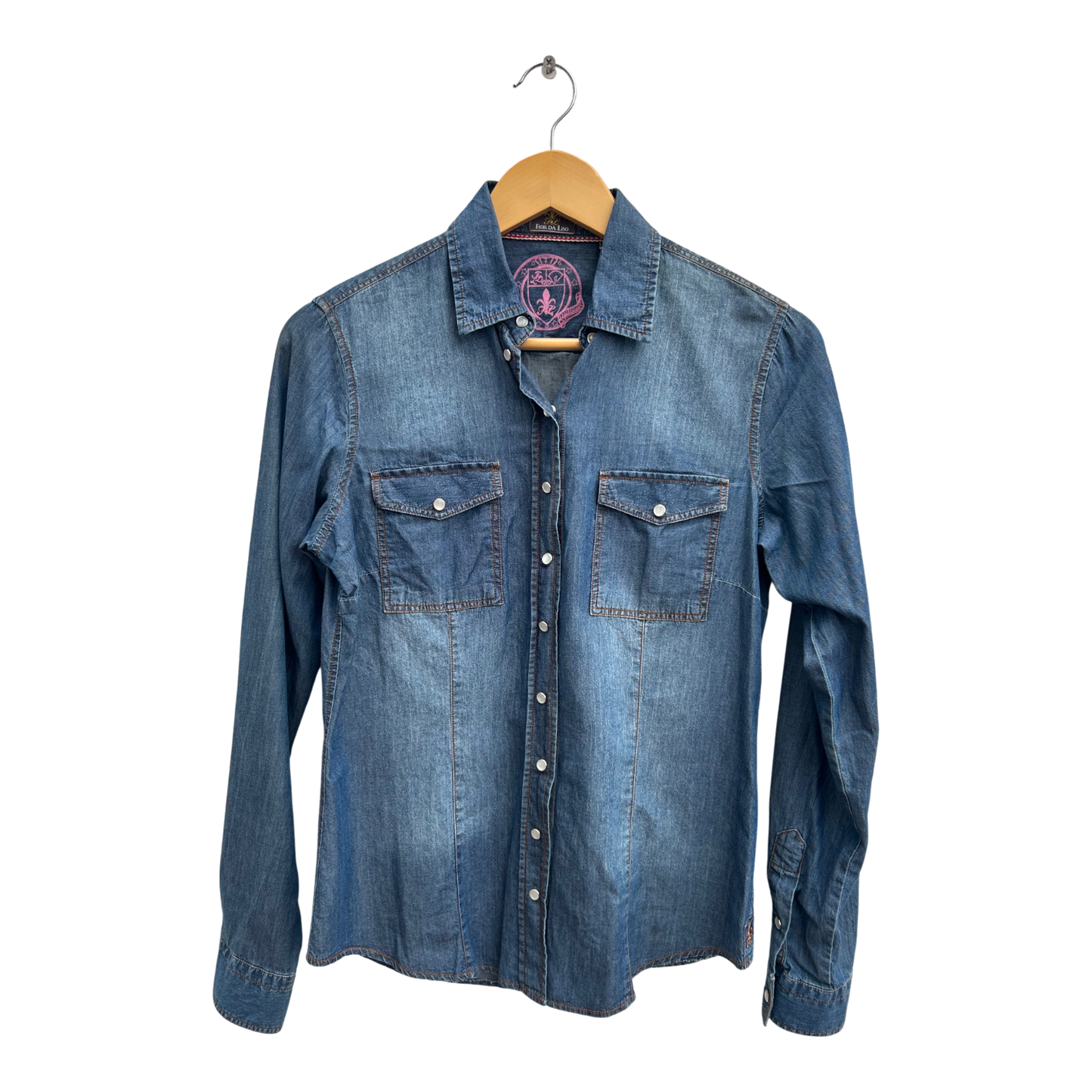 Fior da Liso Jeansbluse Damen Gr 34 Modell Jessi Strass 100% Baumwolle Elegant Blau