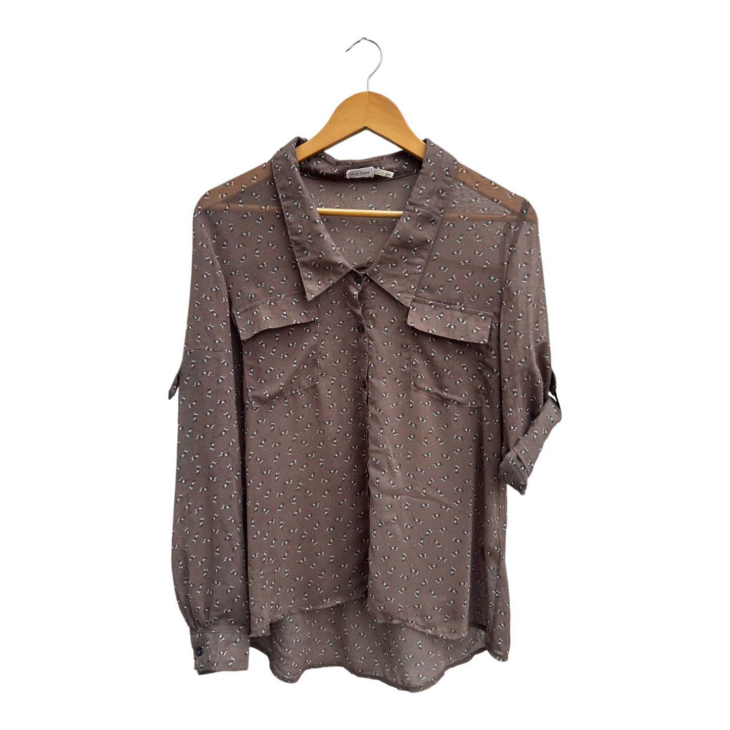 Blue Bird Bluse Damen Gr L Braun Transparent Krempelärmel 100% Polyester Pferde