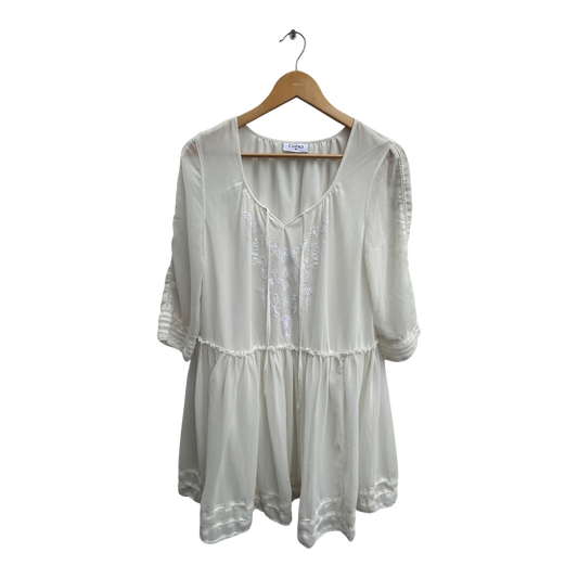 Gina Tunika Damen Gr 40 Creme Weiß Stickerei Boho Sommer Bluse Elegant Chiffon