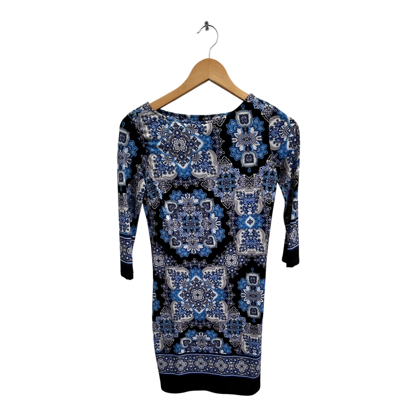 Atmosphere Kleid Damen Gr 36 Blau Schwarz Muster Stretch Elegant 3/4 Arm Mini