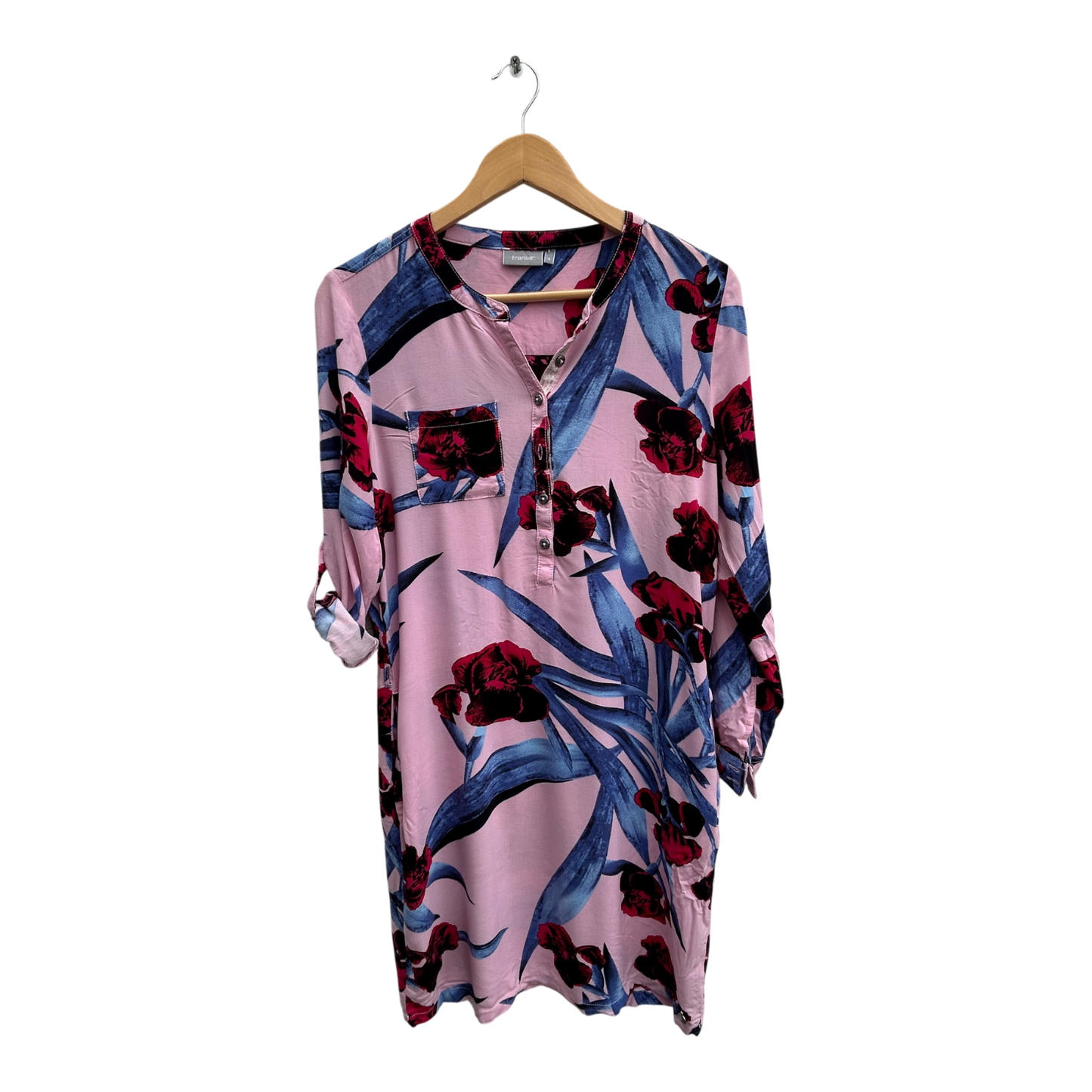 Fransa Kleid Damen Gr S Rosa Blau Blumenmuster Viskose Langarm Knopfleiste Gürtel