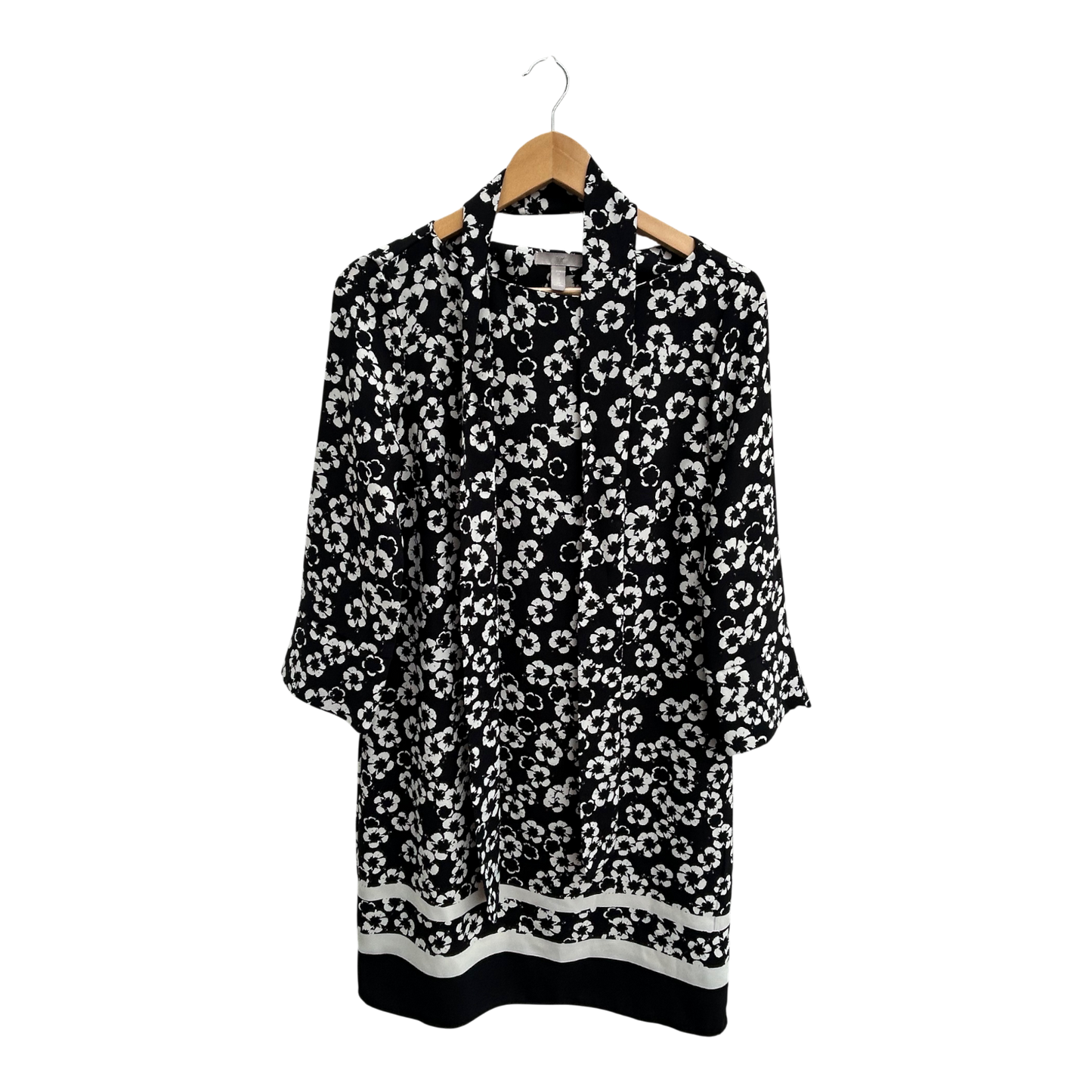 H&M Kleid Damen Gr 38 Schwarz Weiss Blumen Bindegürtel Elegant Klassisch Knielang