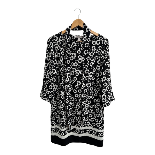 H&M Kleid Damen Gr 38 Schwarz Weiss Blumen Bindegürtel Elegant Klassisch Knielang