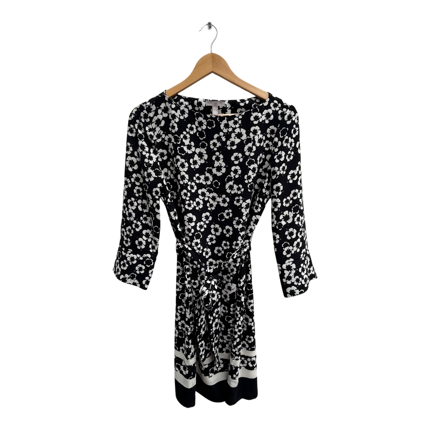 H&M Kleid Damen Gr 38 Schwarz Weiss Blumen Bindegürtel Elegant Klassisch Knielang