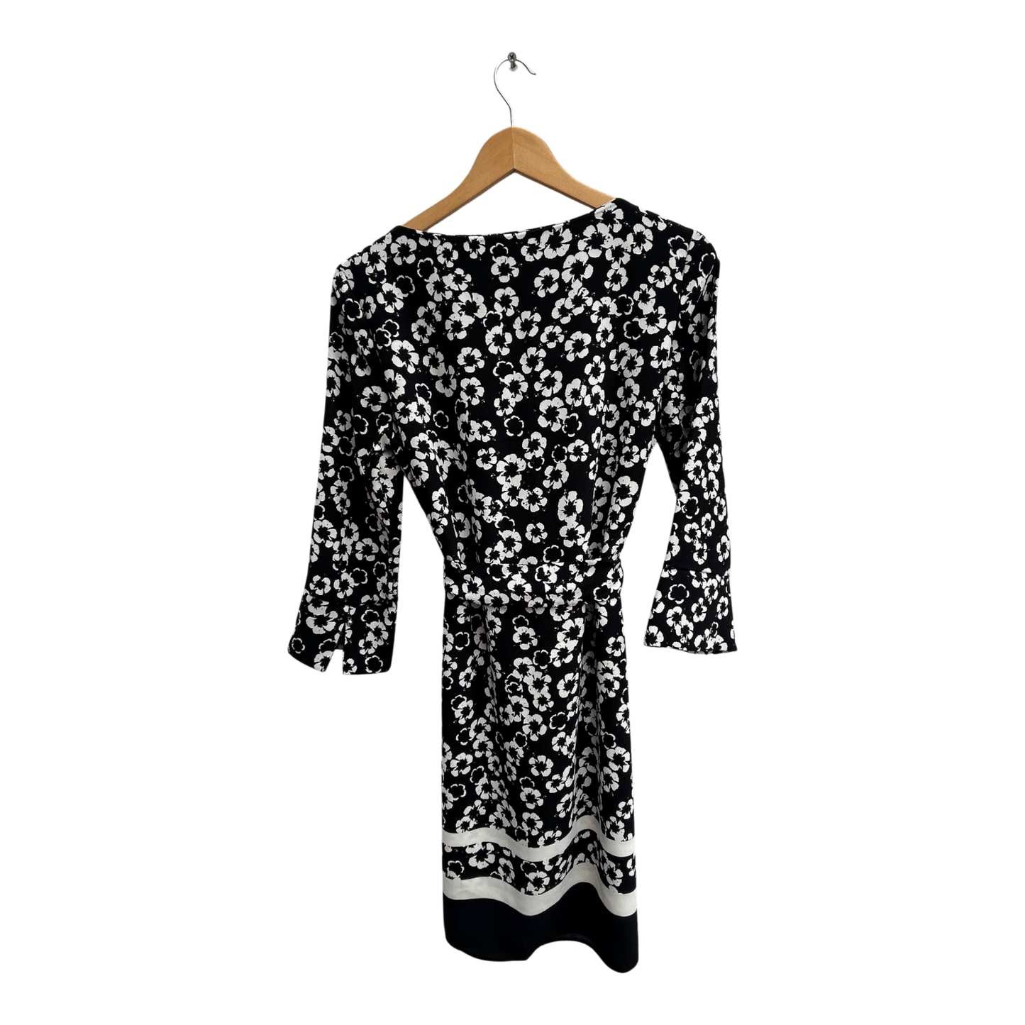 H&M Kleid Damen Gr 38 Schwarz Weiss Blumen Bindegürtel Elegant Klassisch Knielang