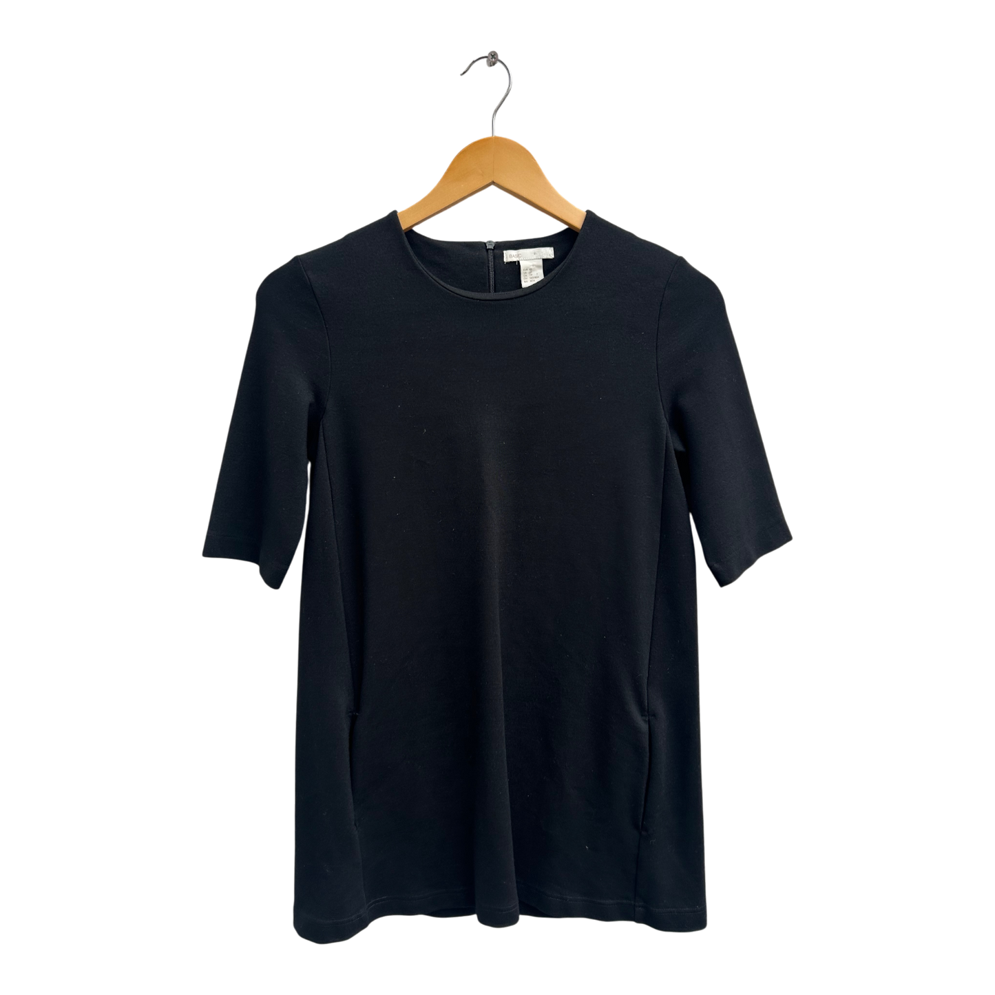 H&M Kleid Damen XS Schwarz Basic Stretch Baumwollmix Etuikleid Kurzarm Elegant