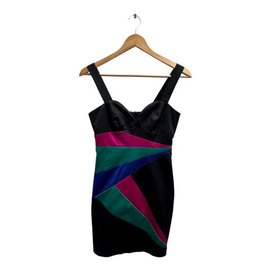 H&M Kleid Damen Gr 36 Schwarz Bunt Satin Partykleid Kurz Elegant Klassisch Reißer