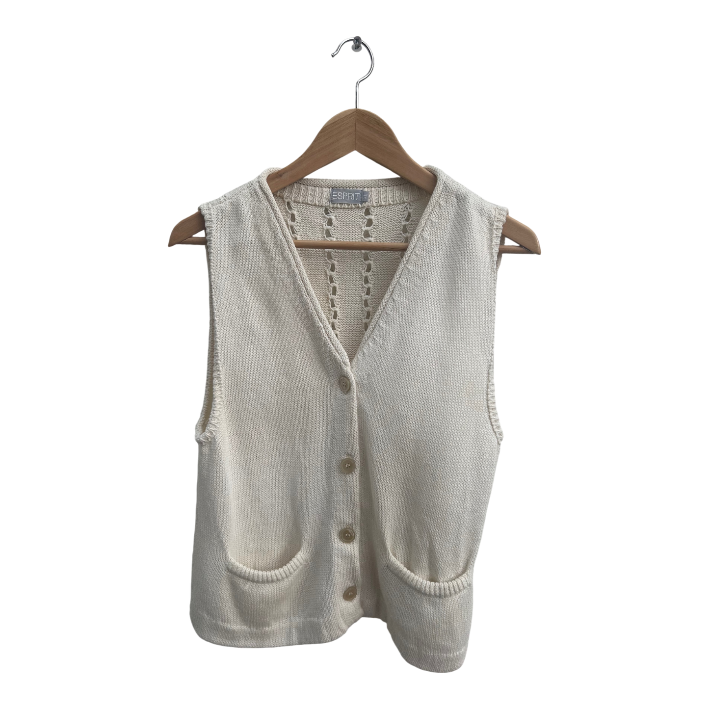 Esprit Weste Damen Gr XL Weiß Strick Baumwolle Ärmellos Knöpfe Vintage Sommer