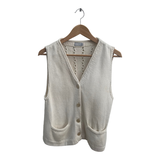 Esprit Weste Damen Gr XL Weiß Strick Baumwolle Ärmellos Knöpfe Vintage Sommer