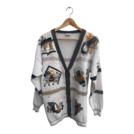 Vintage Herren Strickjacke Joy E Fun Gr M 100 Prozent Cotton Applikationen Retro