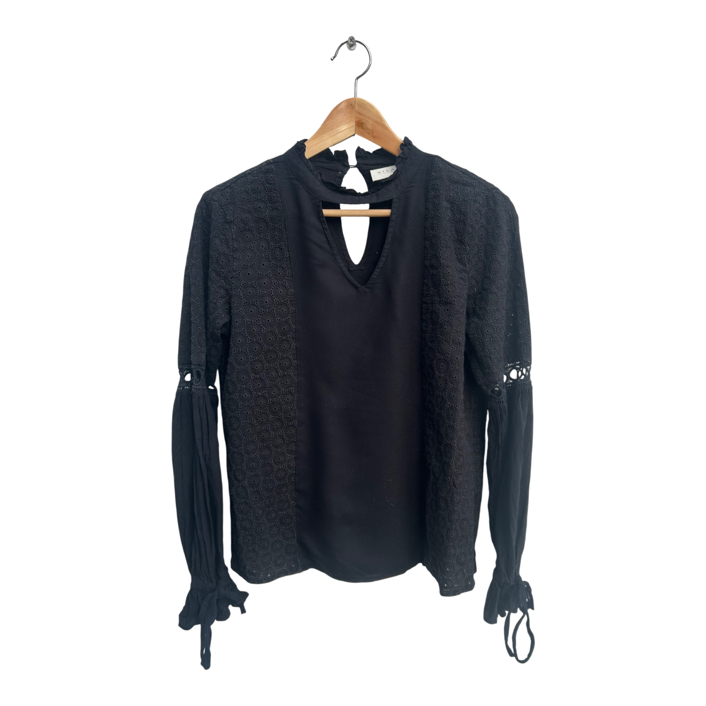 Vila Damen Bluse Schwarz Lochstickerei Langarm Gr S Baumwolle Viskose Elegant