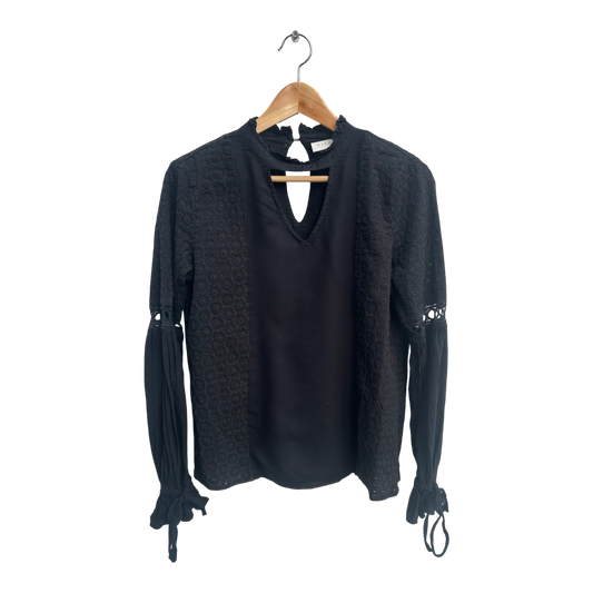 Vila Damen Bluse Schwarz Lochstickerei Langarm Gr S Baumwolle Viskose Elegant