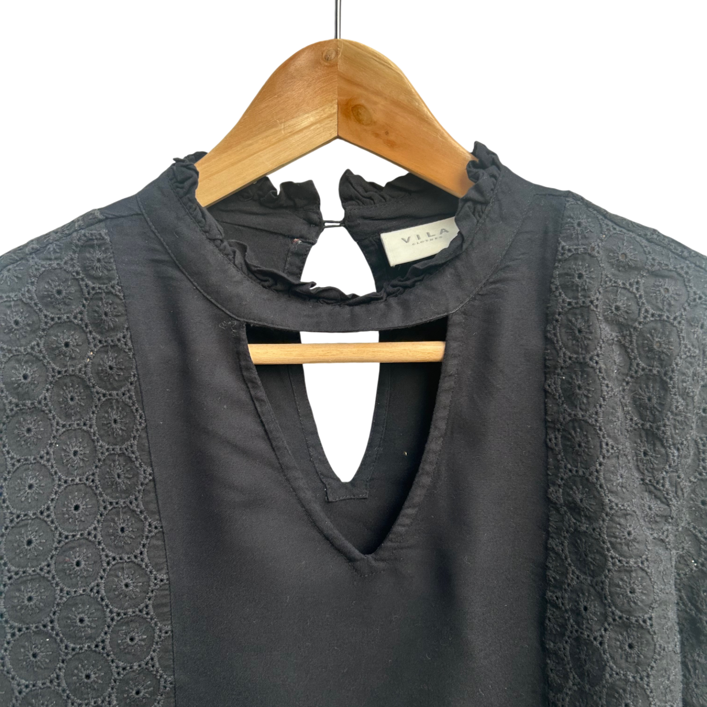 Vila Damen Bluse Schwarz Lochstickerei Langarm Gr S Baumwolle Viskose Elegant