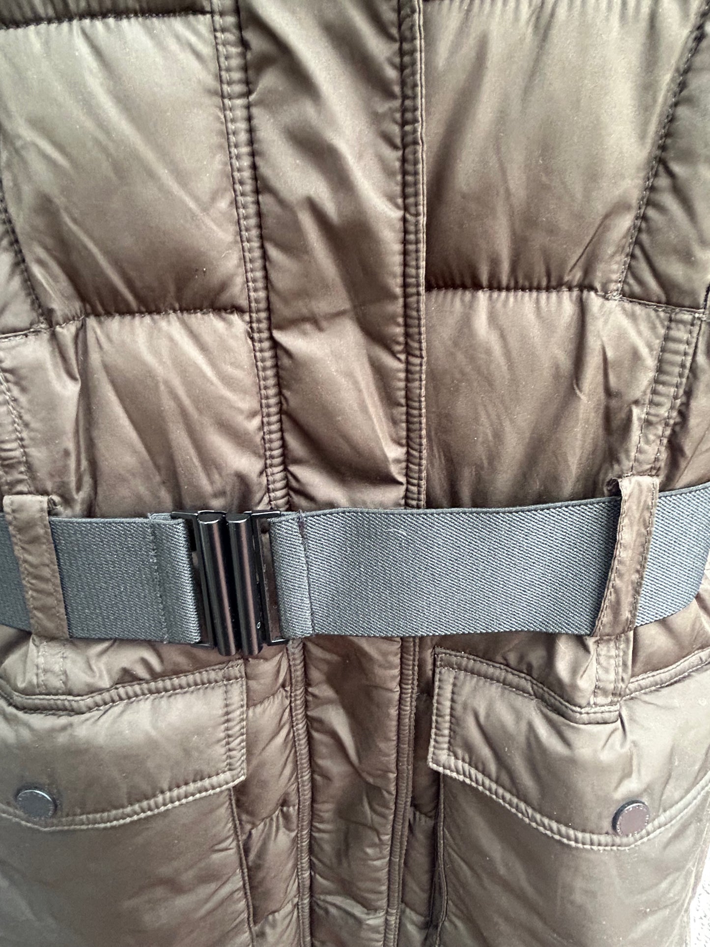 French Connection Damen Daunenmantel XS Khaki Wintermantel Fellkapuze Warm Elegant