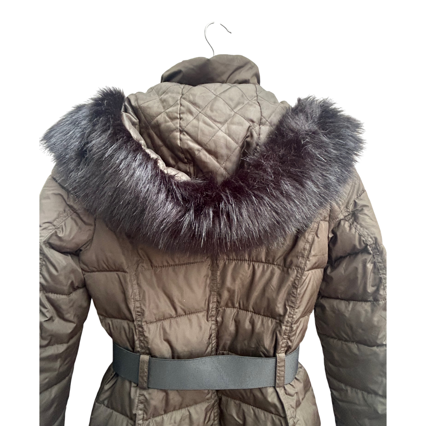 French Connection Damen Daunenmantel XS Khaki Wintermantel Fellkapuze Warm Elegant