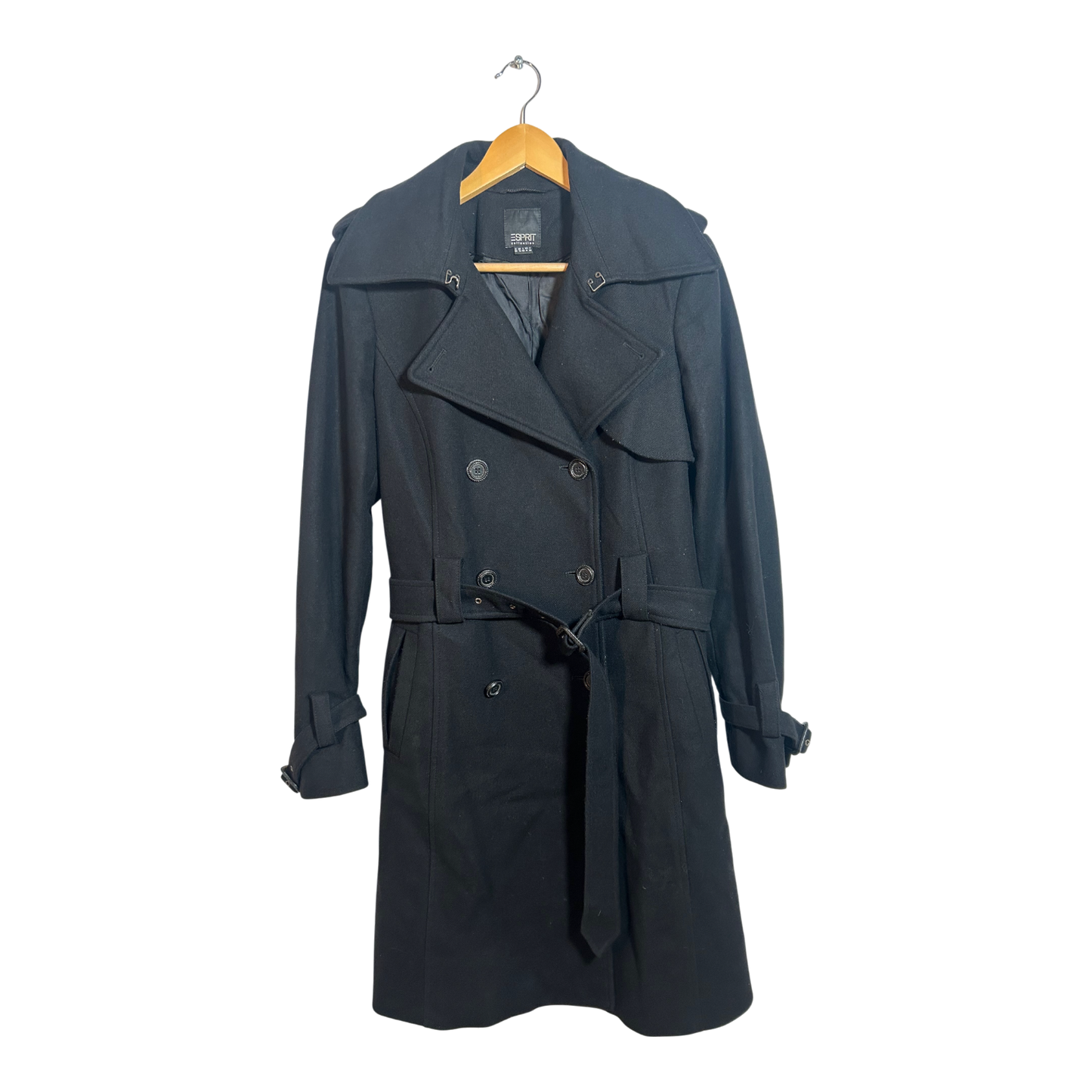 Esprit Mantel Damen Trenchcoat Schurwolle Gr 38 Schwarz Elegant Doppelreiher Gürtel