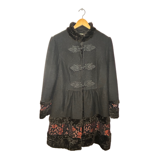 Monsoon Mantel Vintage Gr 42 Schwarz Brokat Kunstpelz Eleganter Wintermantel Warm