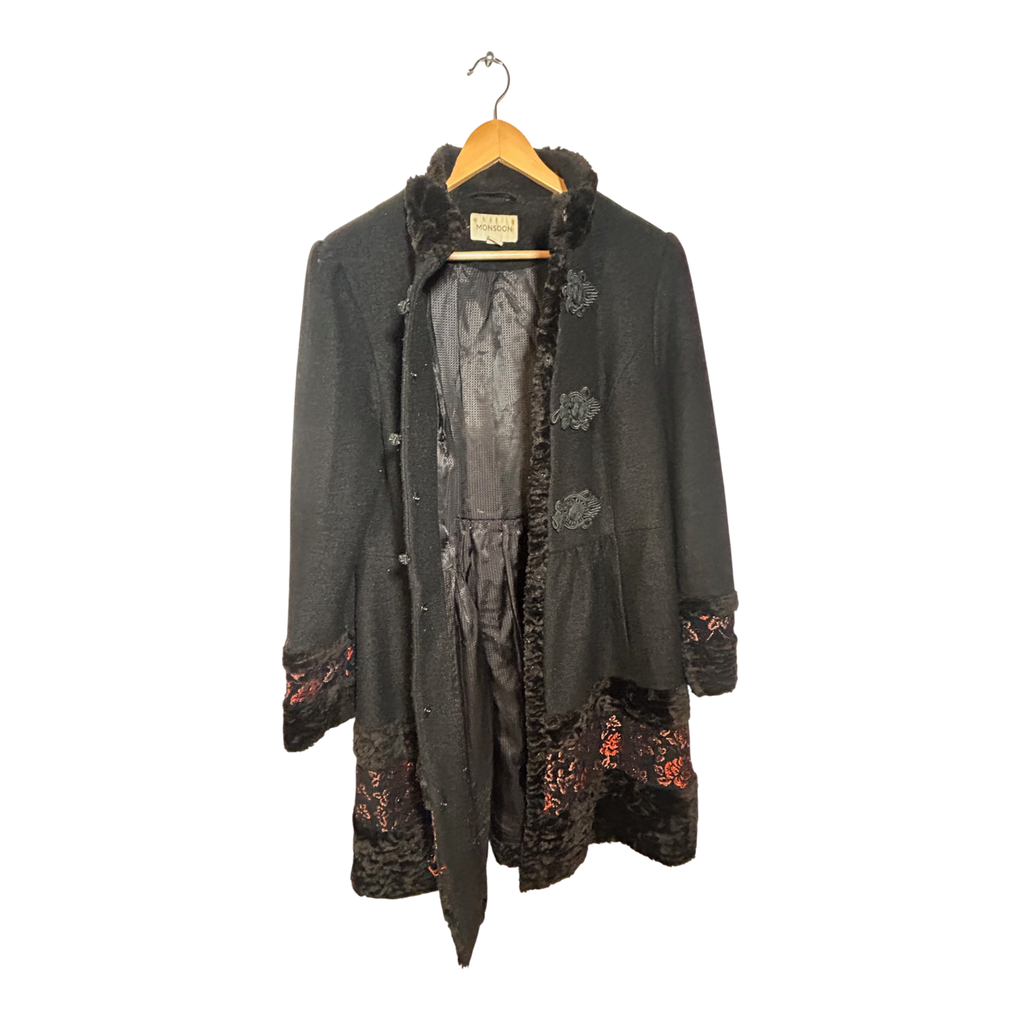 Monsoon Mantel Vintage Gr 42 Schwarz Brokat Kunstpelz Eleganter Wintermantel Warm