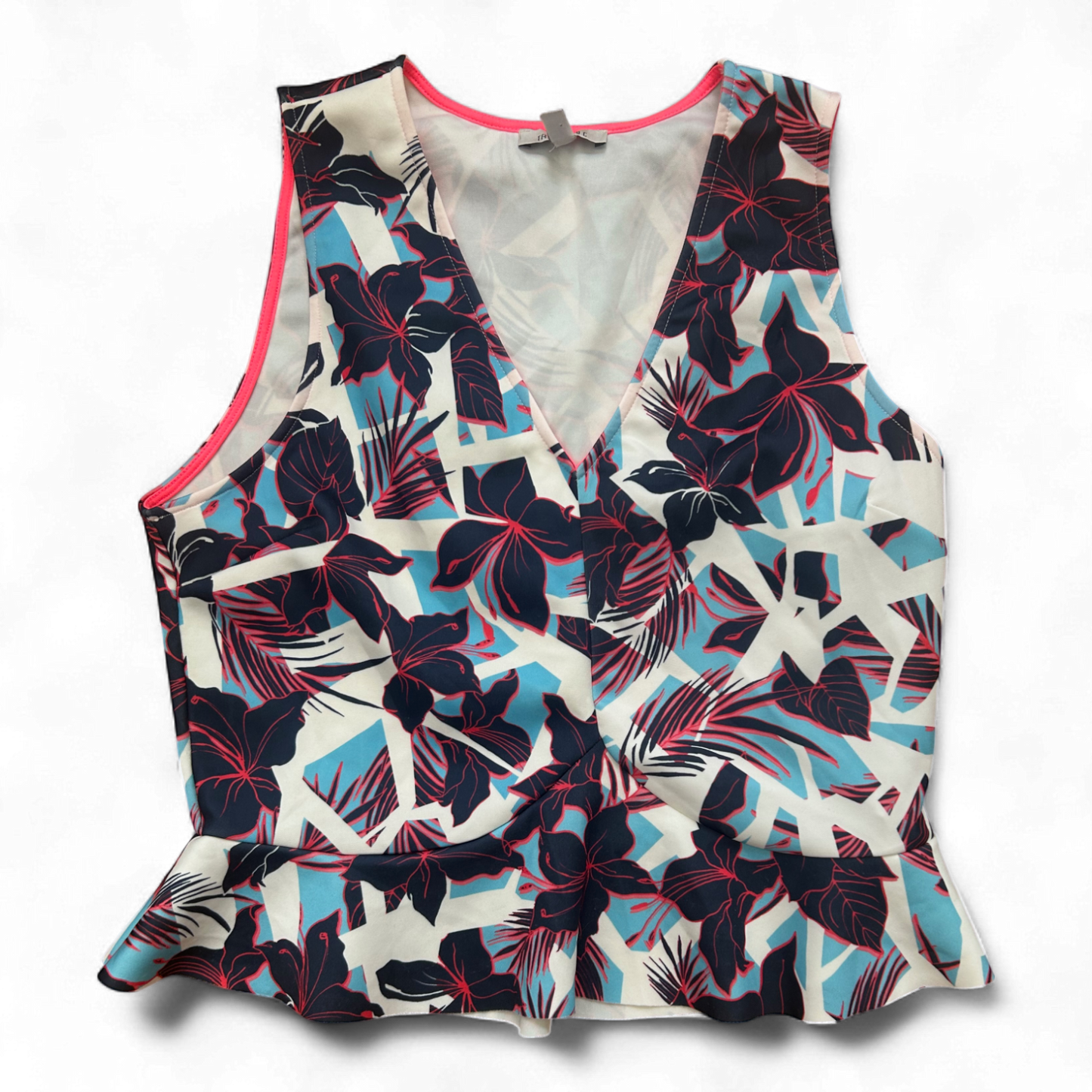 Zara Damen Top L Blumenprint Sommer Oberteil ärmellos weiß blau rot Muster