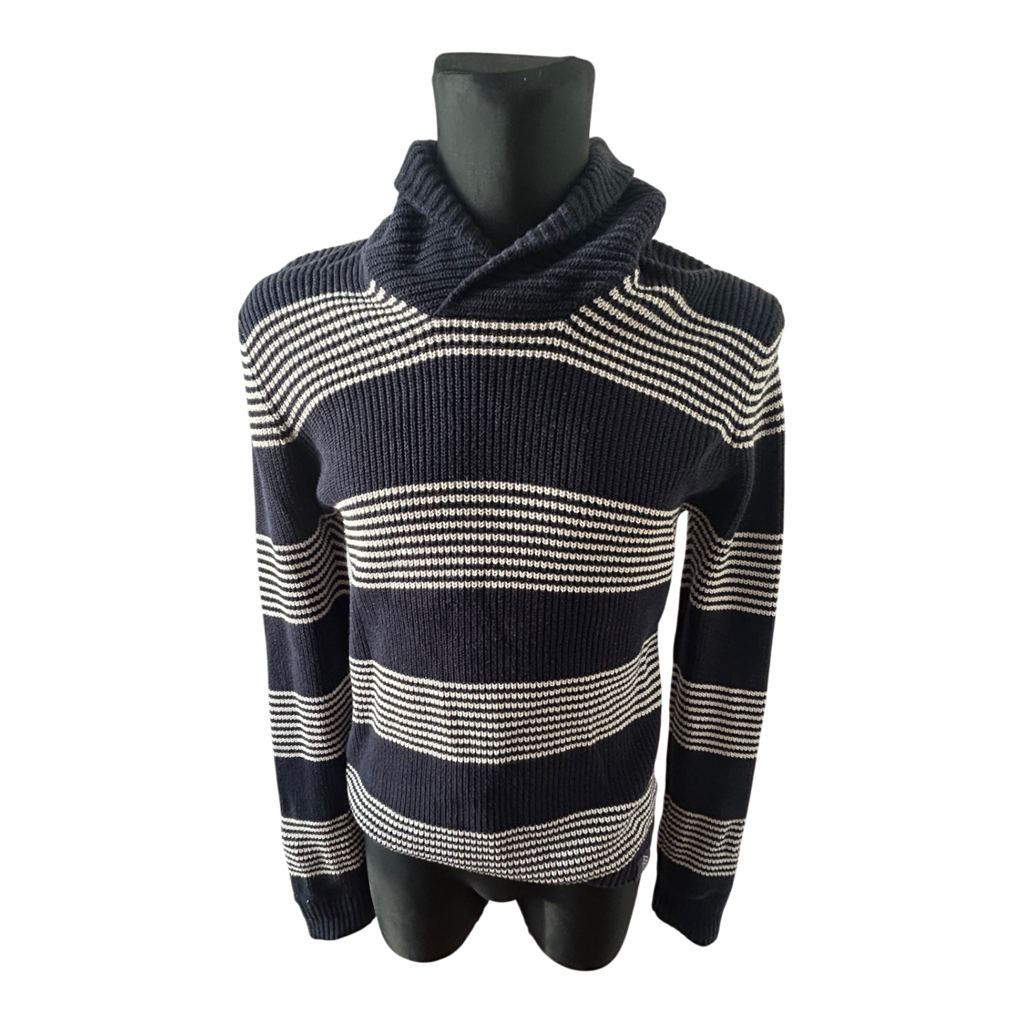 Angelo Litrico Pullover Herren M Blau Weiß Gestreift Baumwolle Schalkragen Casual