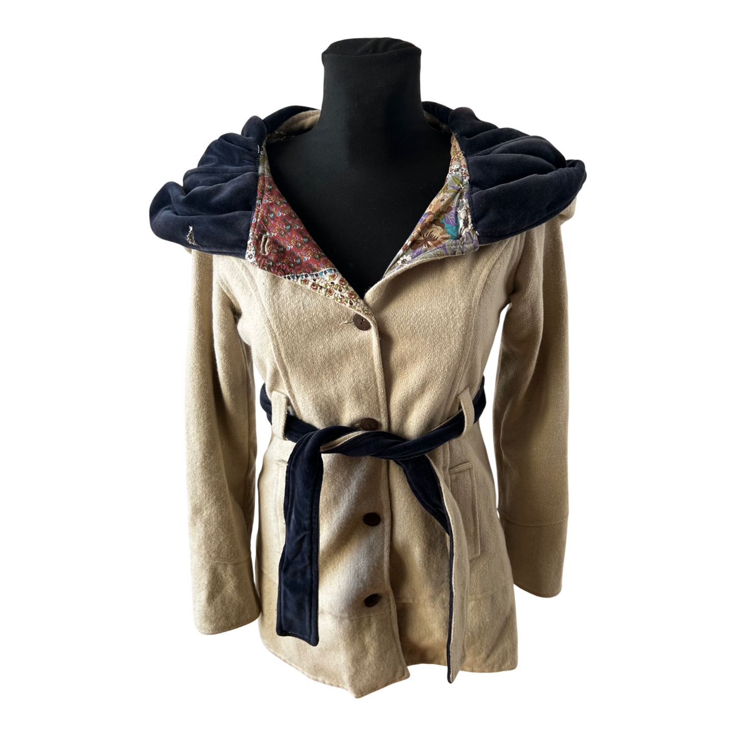 Wendejacke Damen XS Wollanteil Patchwork Kapuze Samtdetails Tailliert Beige Bunt