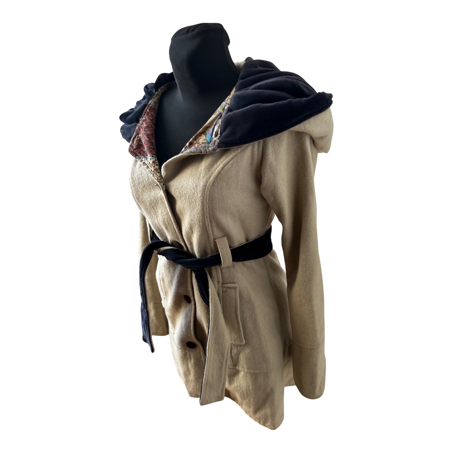 Wendejacke Damen XS Wollanteil Patchwork Kapuze Samtdetails Tailliert Beige Bunt