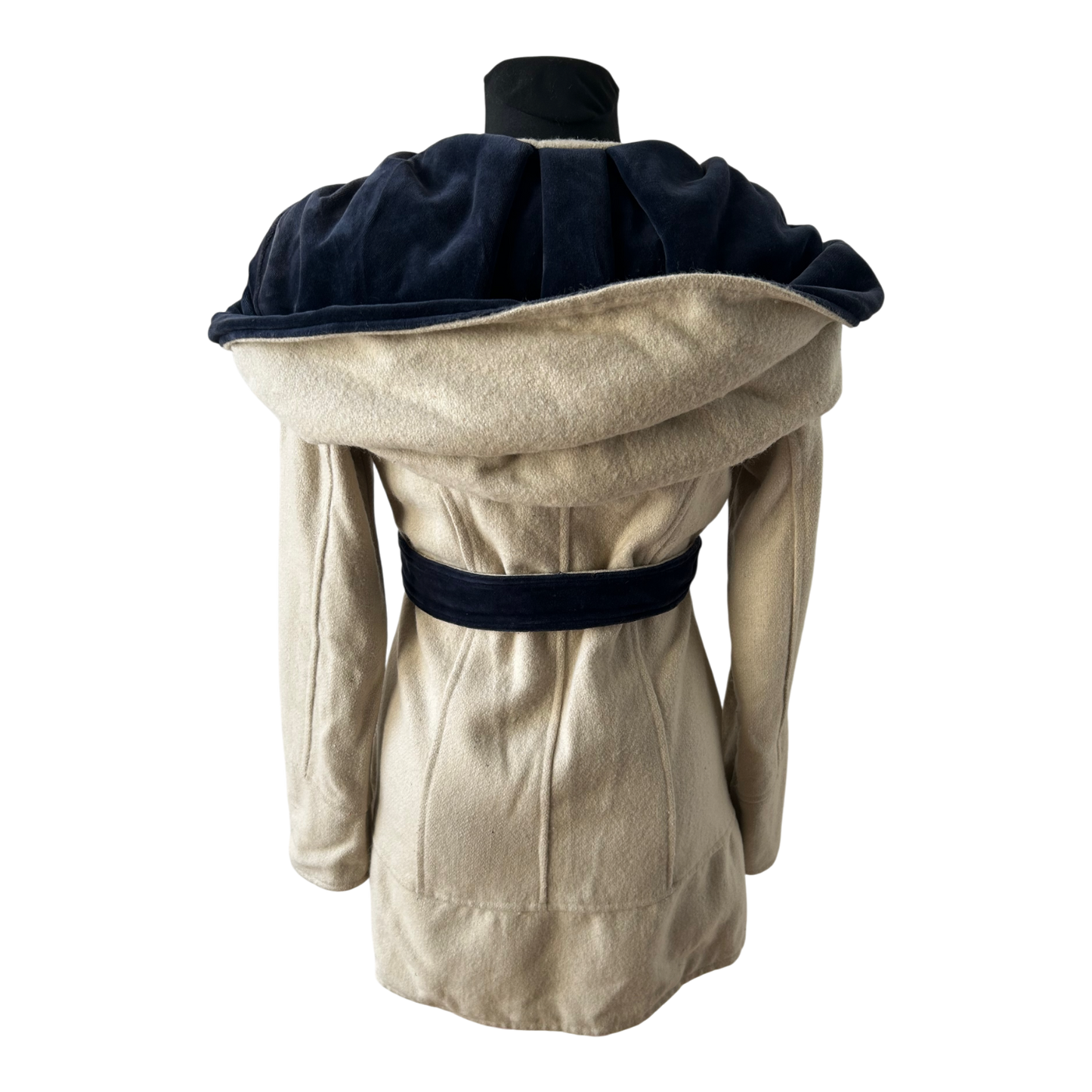 Wendejacke Damen XS Wollanteil Patchwork Kapuze Samtdetails Tailliert Beige Bunt