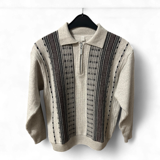 Retro Pullover Herren M Beige Braun Muster Halbzip Schurwolle Acryl Vintage Style