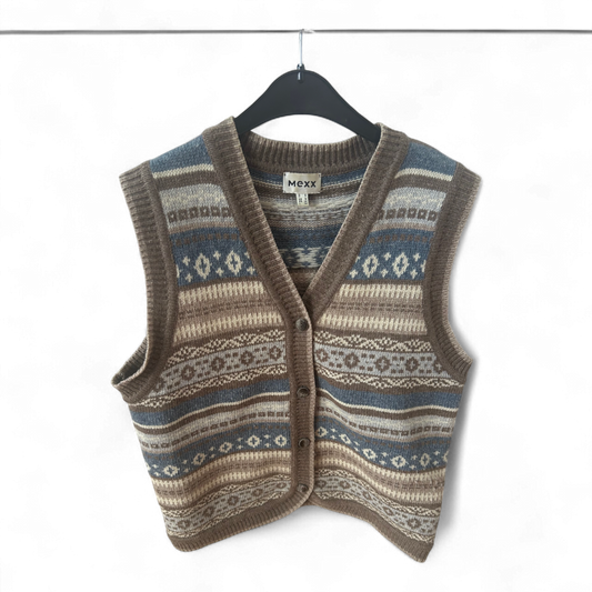 MEXX Pullunder Braun Blau Gr S Fair Isle Muster Wolle Nylon Retro Stil