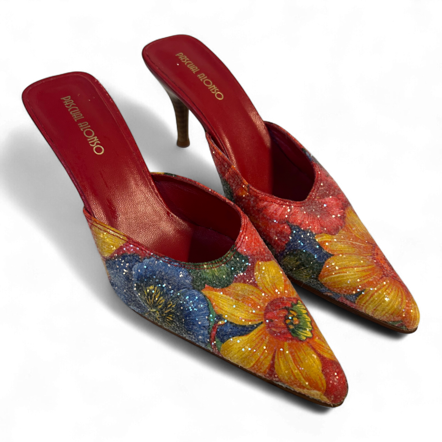 Pascual Alonso Mules Gr 37 Blumen Glitzer Print Rot Leder Innensohle Absatzschuhe