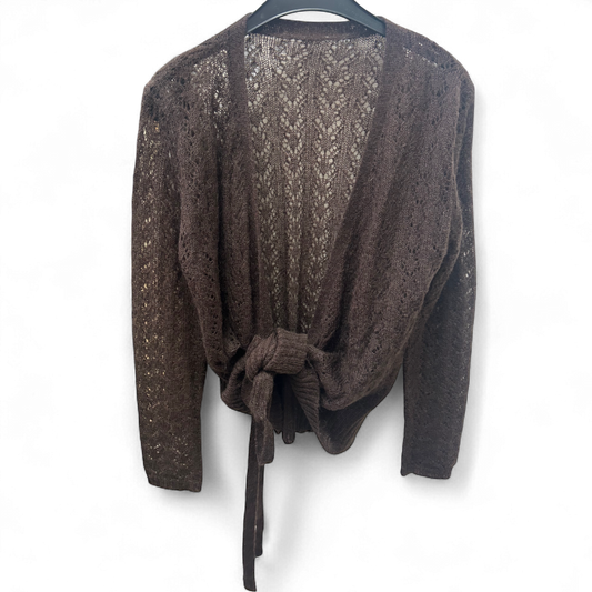 Strickjacke Braun Gr M Häkeloptik Bindegürtel Offen Weich Longsleeve Elegant