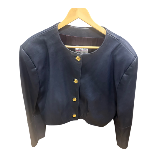 Patti Pen Lederjacke Blau Gr 40 Vintage Goldknöpfe Schulterpolster Kurzjacke Futter