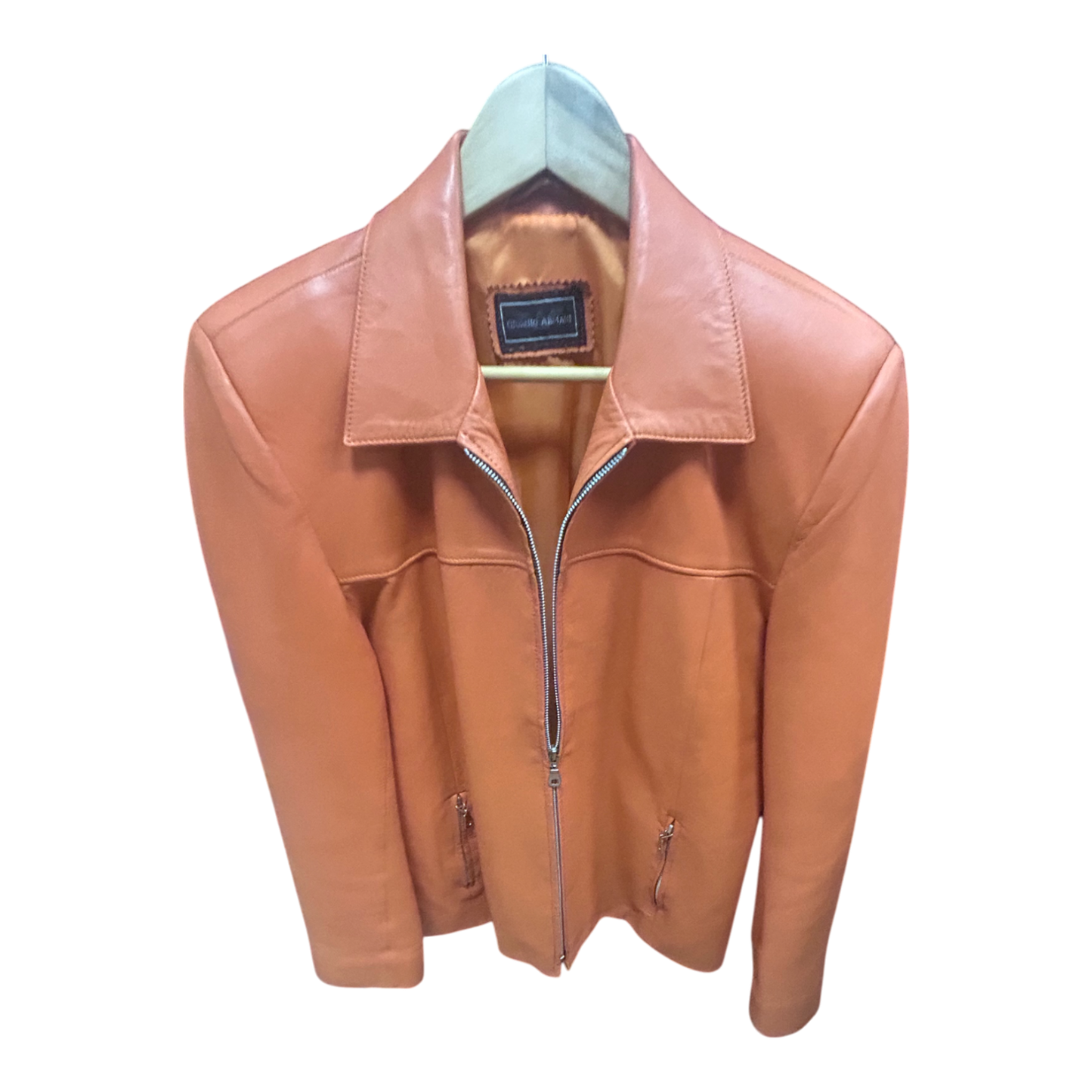 Giorgio Armani Lederjacke Orange Gr 42 Reißverschluss Echtleder Satinfutter Elegant