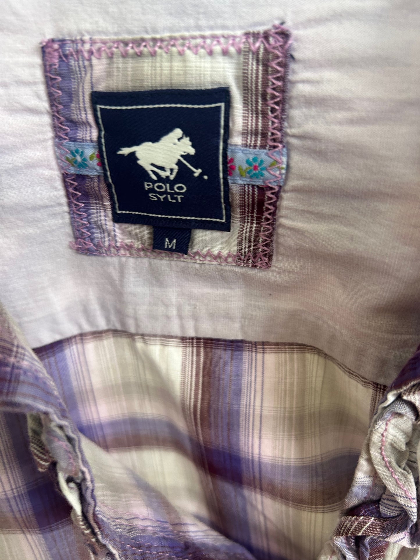 Polo Sylt Damenbluse M Violett Kariert Rüschen Baumwolle Langarm Top Zustand