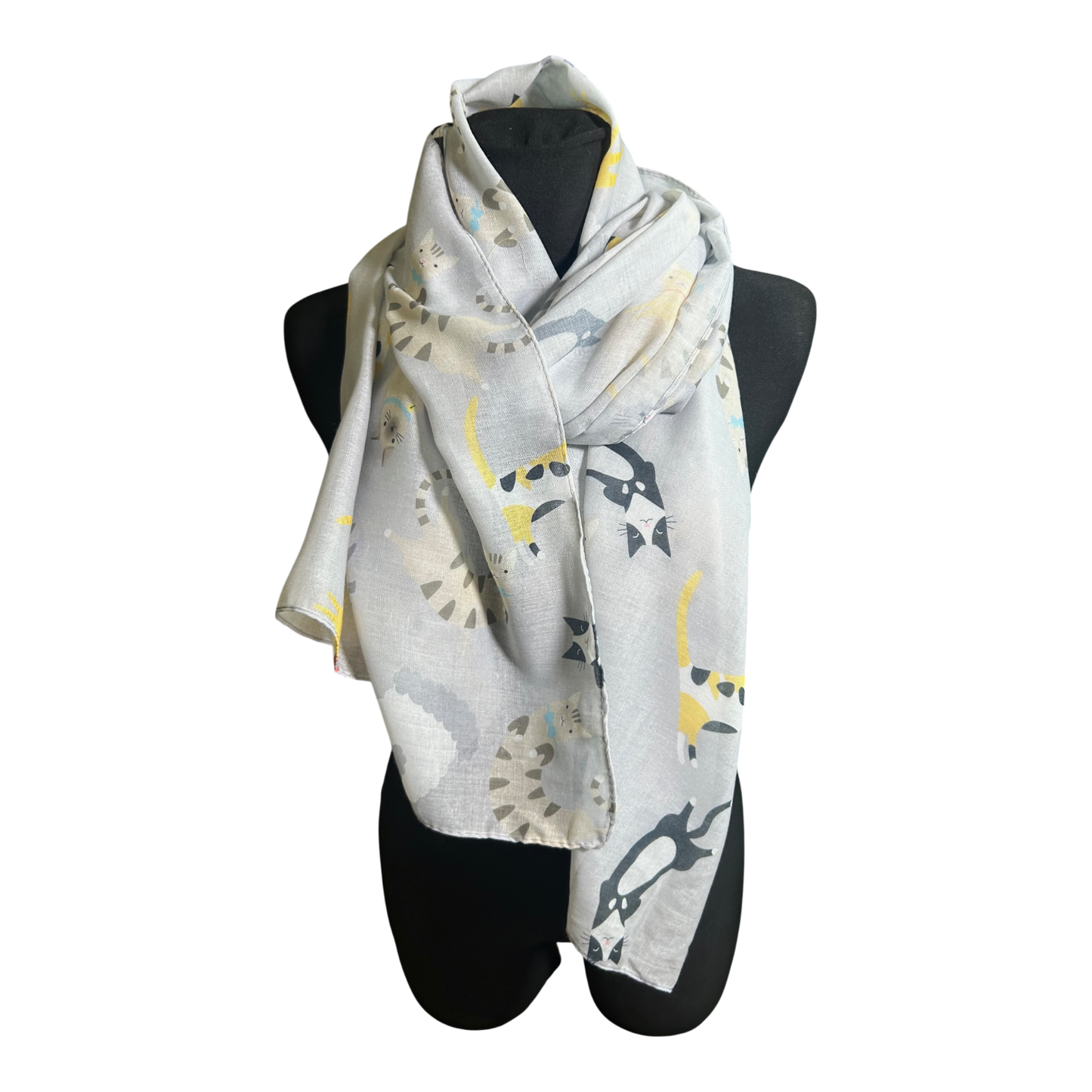 Katzen Schal Damen Tuch 180x70 Grau Gelb Baumwollmix Leicht Sommer Modern Chic